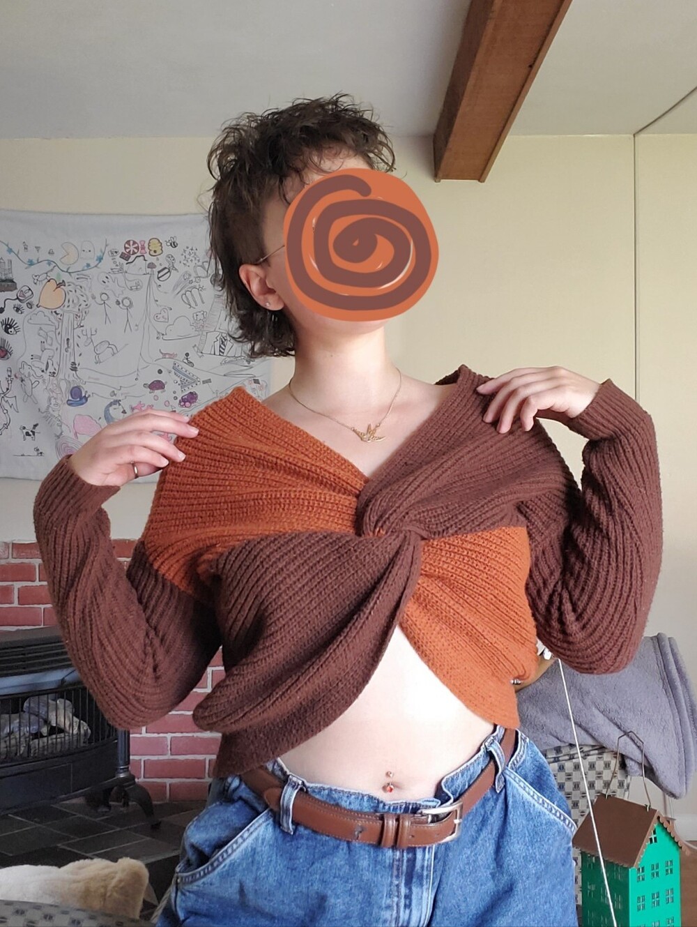 Brown Colorblock Knotted Cropped Sweater - Reversible - Size M